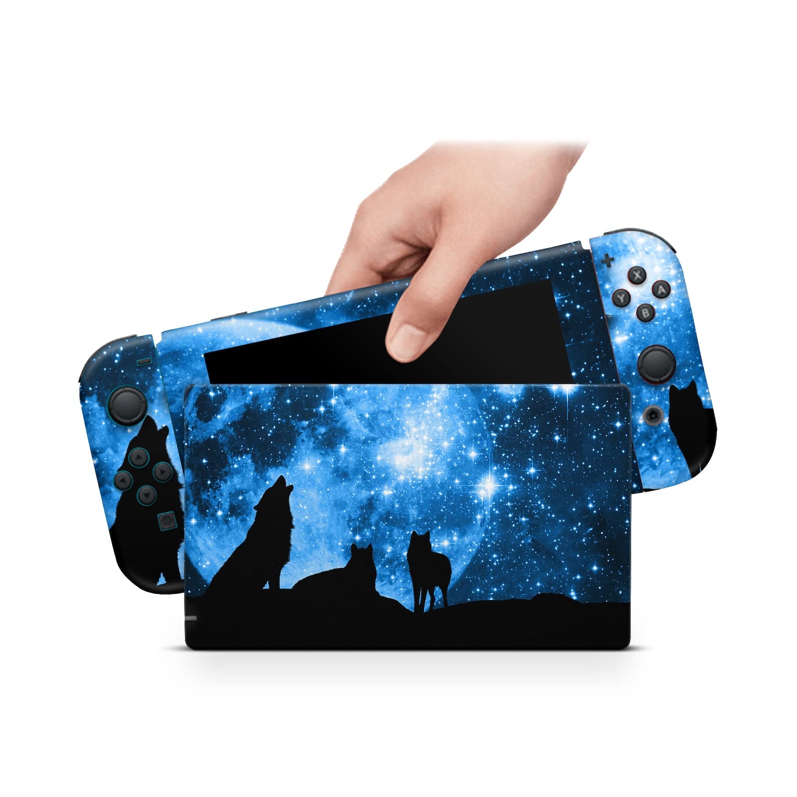 ZOOMHITSKINS Compatible with Switch Skin Cover Blue Sky Moon Wolf Pack Black Animals White Stars Planets Solar Pets 3M Vinyl Decal Sticker Wrap, Made in The USA