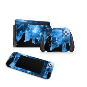 ZOOMHITSKINS Compatible with Switch Skin Cover Blue Sky Moon Wolf Pack Black Animals White Stars Planets Solar Pets 3M Vinyl Decal Sticker Wrap, Made in The USA