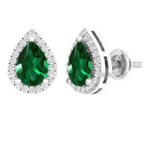 Dazzlingrock Collection 7X5 MM Each Pear Lab Created Emerald & Round Natural White Diamond Halo Style Ladies Teardrop Stud Earrings, 14K White Gold