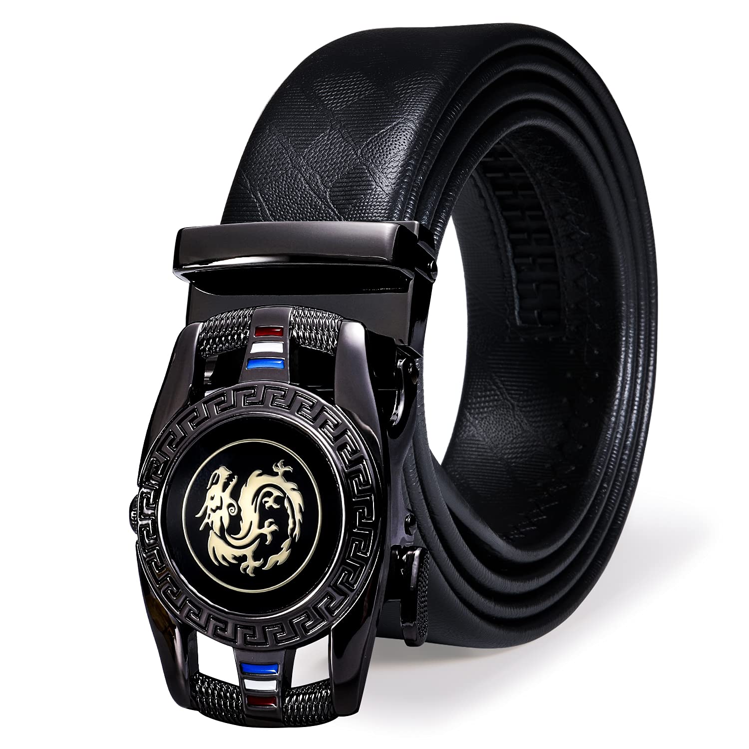 Barry.Wang Black Belt for Men Dragon Designer Buckle Chinese Sliding Belt Large Leather Strap