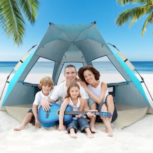 G4Free 3-4 Person Beach Tent Pop Up Shade, Lightweight UPF 50+ Beach Sun Shelter Family Size, Easy Setup and Portable Sun Shade Canopy Cabana(Lake-Blue)