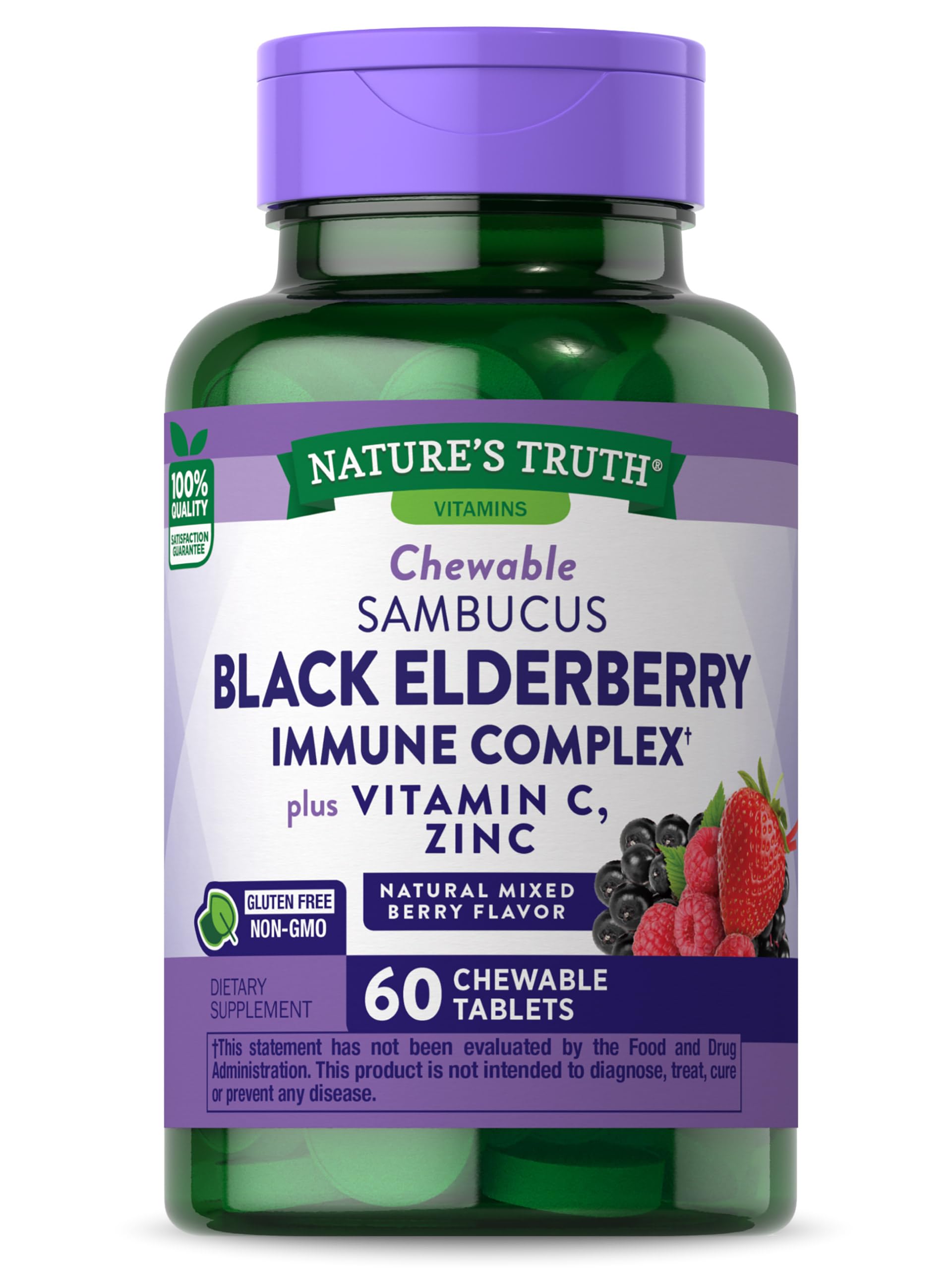 Black Elderberry Immune Complex | 60 Chewable Tablets | Plus Vitamin C & Zinc | Natural Mixed Berry Flavor | Vegetarian, Non-GMO, and Gluten Free Formula | By Nature's Truth