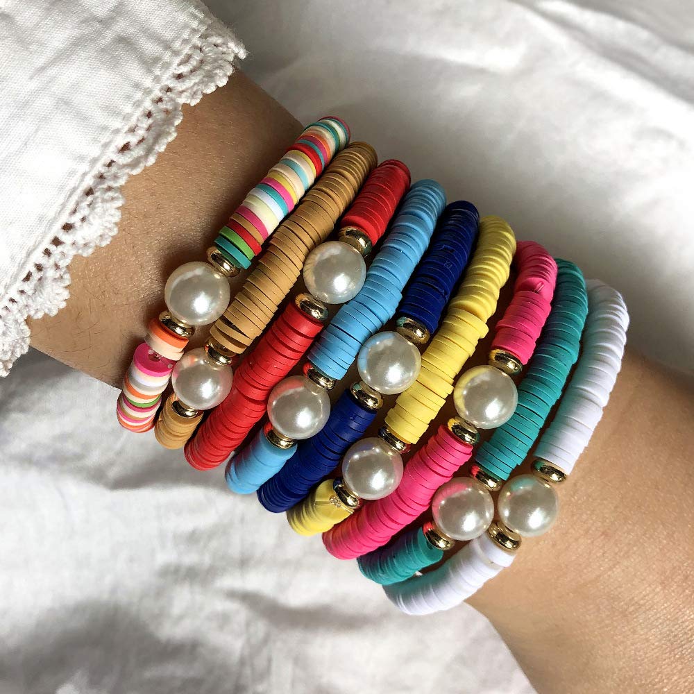 Pingyongchang 10 Pcs Friendship Bracelets Boho 6MM Beades Bracelet for Women Polymer Clay Rainbow Pearl Bracelet Elastic Rope Heishi Bracelet Set Summer Beach Jewelry