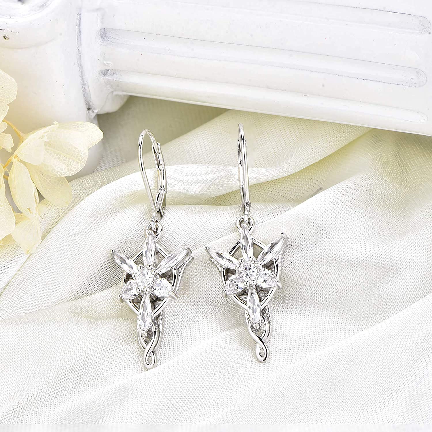 JO WISDOM Women Arwen Evenstar Earrings,925 Sterling Silver Leverback Dangle & Drop Earrings with 5A Cubic Zirconia,Elvish Jewelry for Women