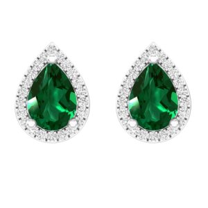 Dazzlingrock Collection 7X5 MM Each Pear Lab Created Emerald & Round Natural White Diamond Halo Style Ladies Teardrop Stud Earrings, 14K White Gold