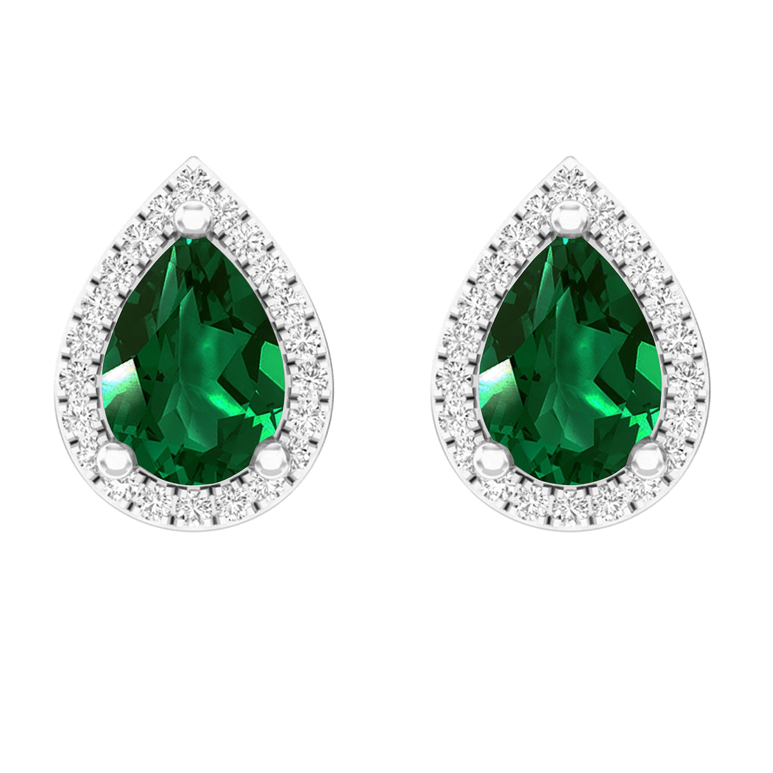 Dazzlingrock Collection 7X5 MM Each Pear Lab Created Emerald & Round Natural White Diamond Halo Style Ladies Teardrop Stud Earrings, 14K White Gold