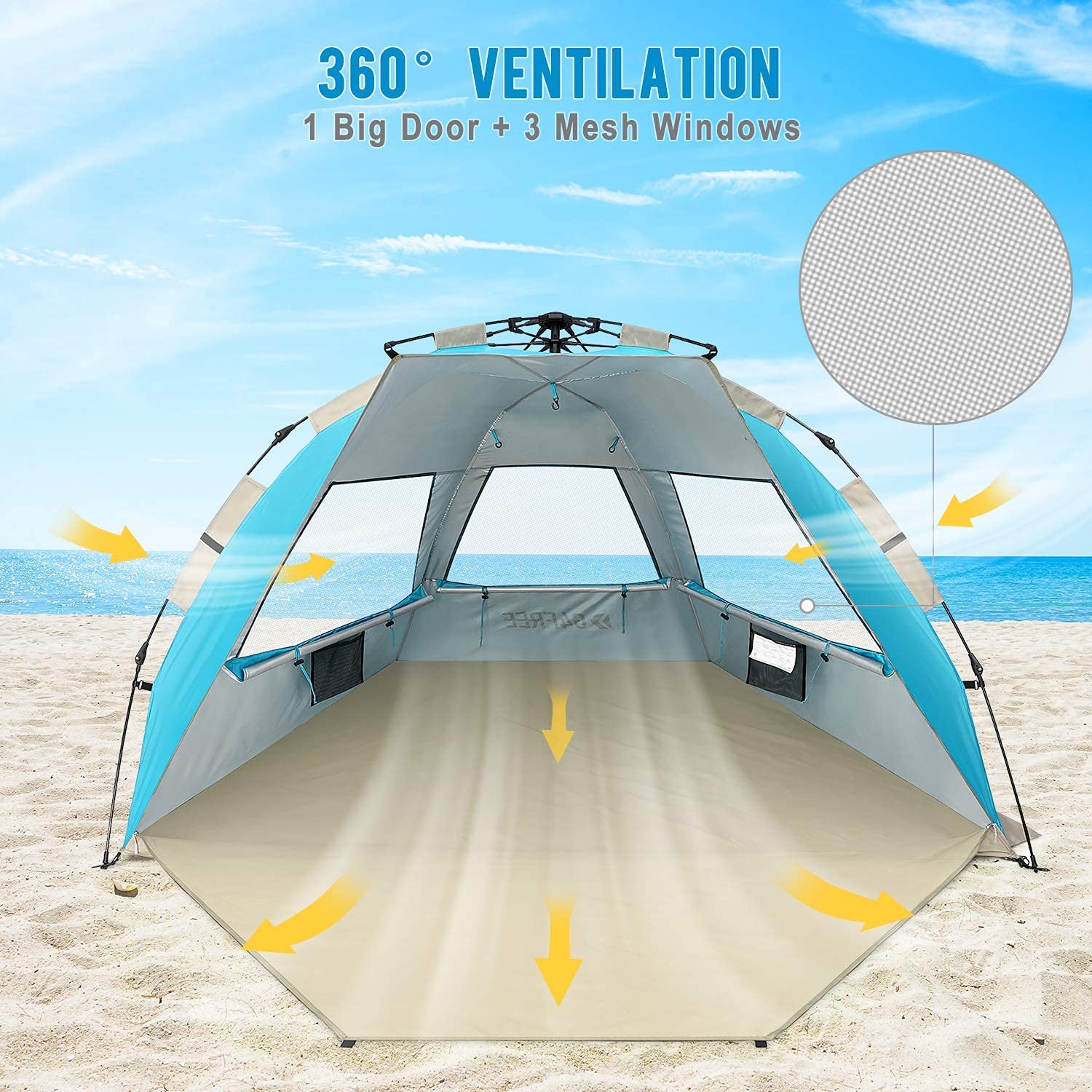 G4Free 3-4 Person Beach Tent Pop Up Shade, Lightweight UPF 50+ Beach Sun Shelter Family Size, Easy Setup and Portable Sun Shade Canopy Cabana(Lake-Blue)