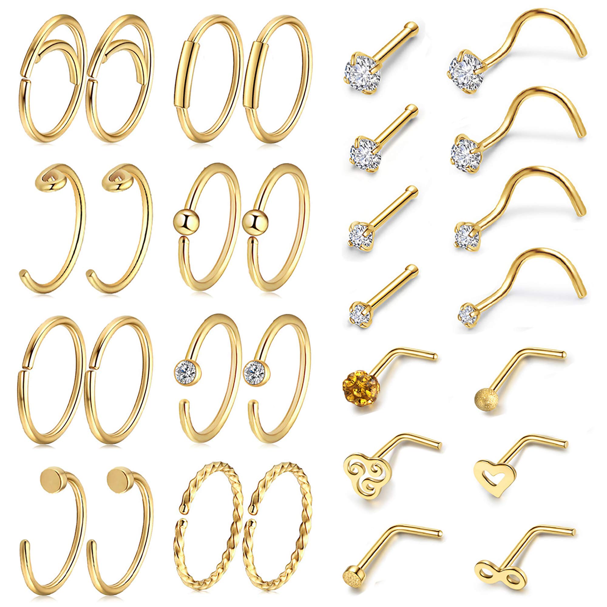 AllerPierce 20G Gold Nose Rings Sets Bone Screw L Shaped Nose Studs Tragus Cartilage Nose Ring Hoop Stainless Steel Nose Piercing Jewelry for Women Men