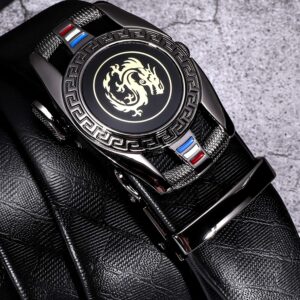 Barry.Wang Black Belt for Men Dragon Designer Buckle Chinese Sliding Belt Large Leather Strap