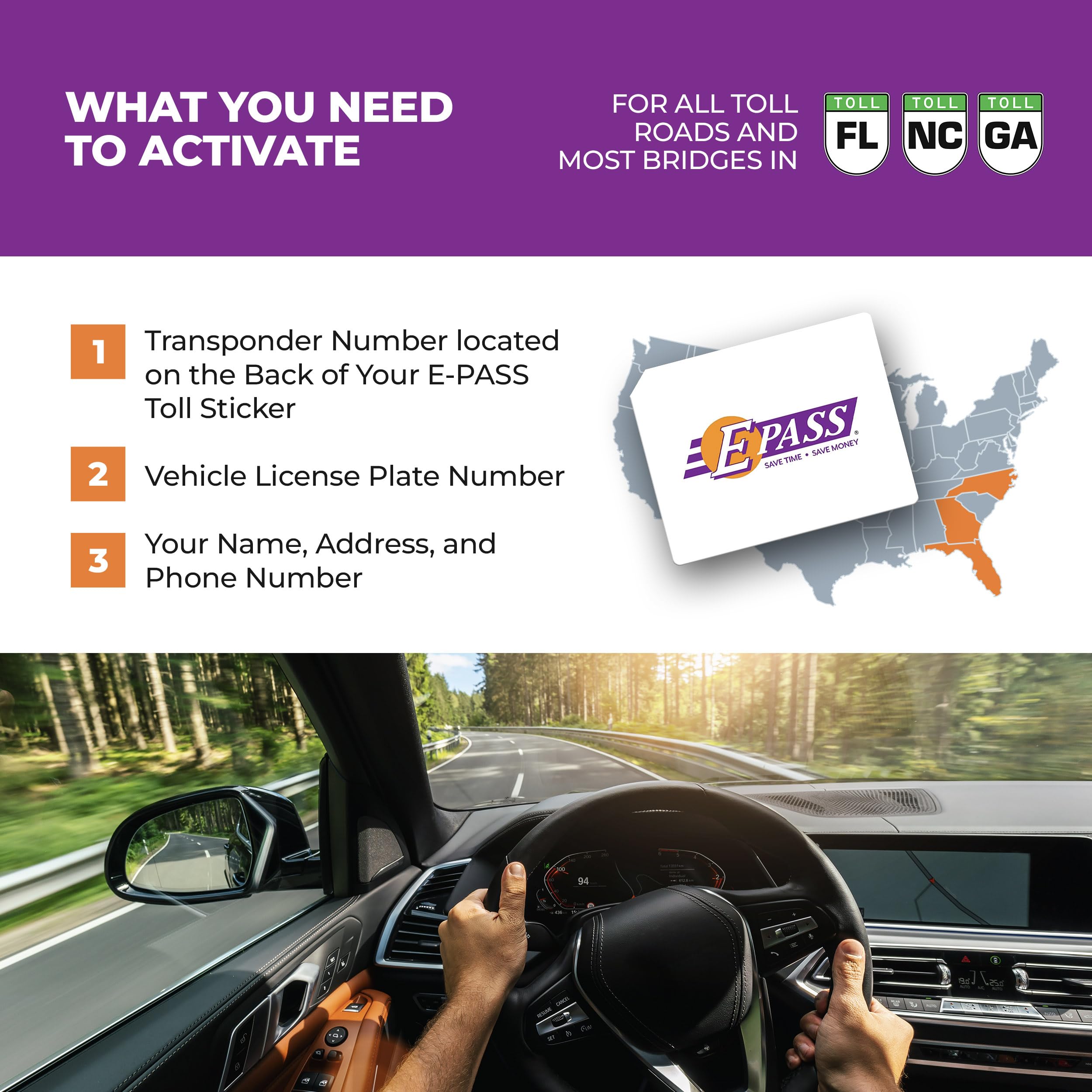 E-PASS Electronic Toll Sticker; Prepaid toll program, works on all roads in FL, GA, NC