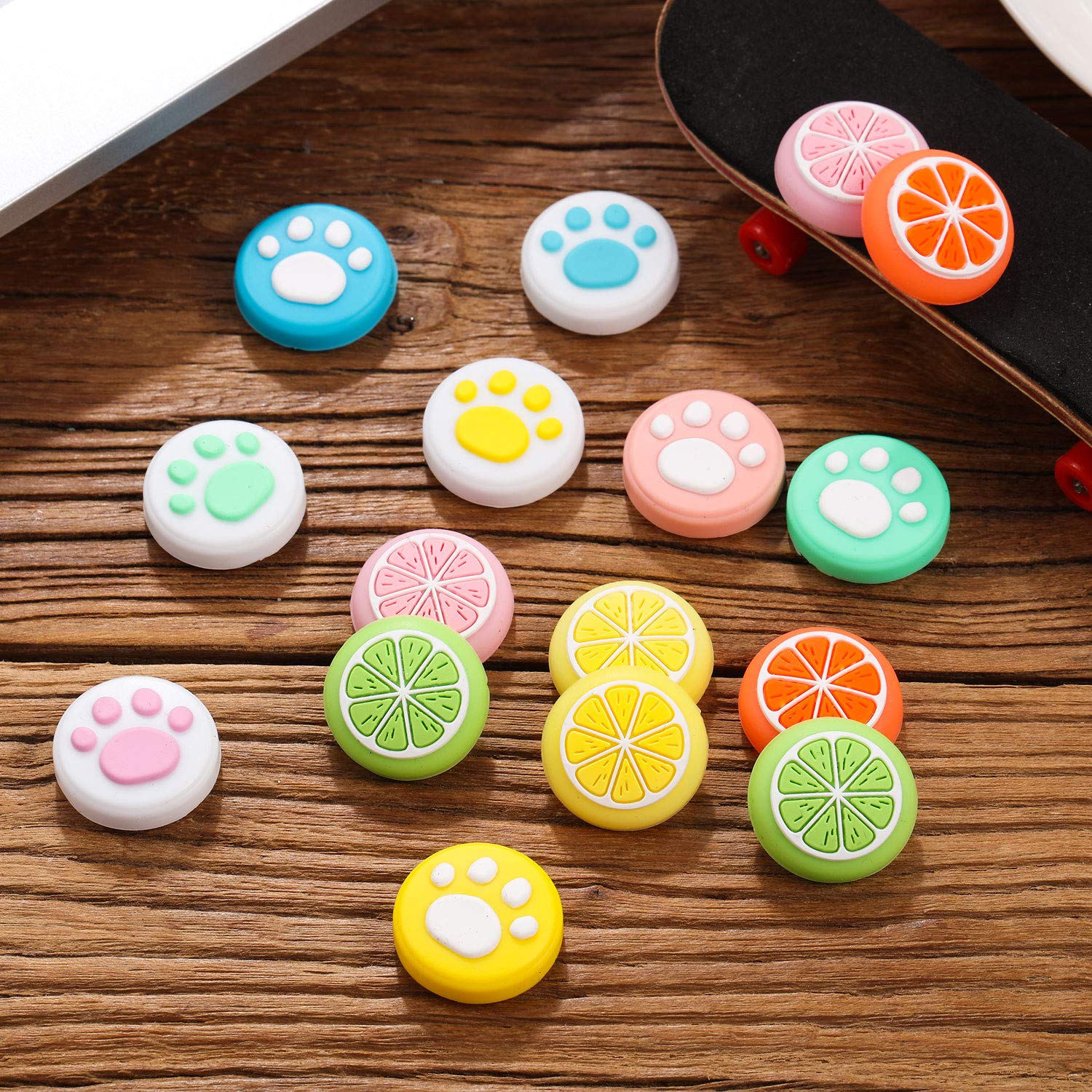 Sumind 24 Pieces Replacement Soft Silicone Cat Paw Flower and Fruit Lemon Design Thumb Grip Caps Analog Stick Cover Joystick Cap Luminous Cover Compatible with Nintendo Switch/Switch Lite Controller