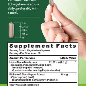 Lions Mane Mushroom Supplement | 2100mg | 50 Capsules | Plus BioPerine | Vegetarian, Non GMO & Gluten Free | by Nature's Truth