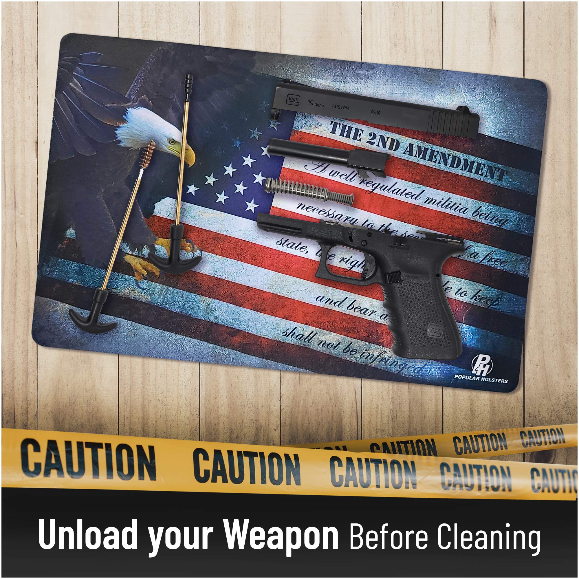 Gun Cleaning Mat for All Guns by PH - Gun Mat Measures 11"x17"x 0.3 mm - Oil and Solvent Resistant Padded Non-Slip - Compatible with Small to Large Pistols - Workbench Mat for Firearm (Flag+2ndAmnd)