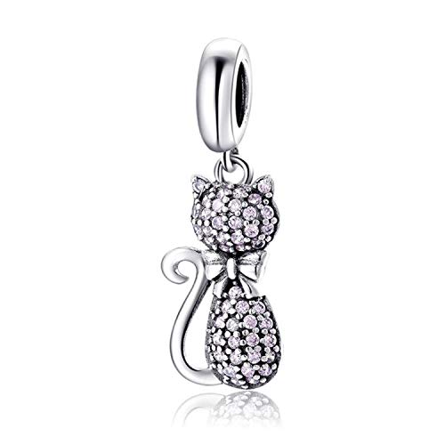 FAEFASH Sparkling Pink Cat Pendant Pet Charm 925 Sterling Silver Cute Cat Animal Bead Fit Women Pandora Style Bracelet,Gifts for Christmas Day