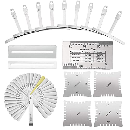 TIMESETL 17 Pcs Guitar Luthier Tools Including 4 Guitar Notched Radius Gauges, 9 Understring Radius Gauge Luthier Tools, 32 Blades Feeler Gauge, String Action Gauge Ruler and 2 Fingerboard Guards