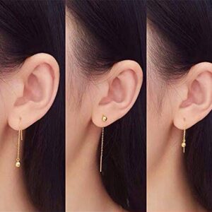 14K Solid Gold Ball Dangle Earrings for Women, Dainty 4mm Yellow Gold Ball Threader Drop Earrings Jewelry on Birthday, Anniversary