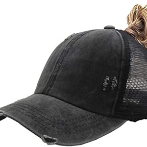 KKMKSHHG Criss Cross Baseball Caps, Women Ponytail Mesh Hat Distressed High Messy Bun Trucker Ponycap Black