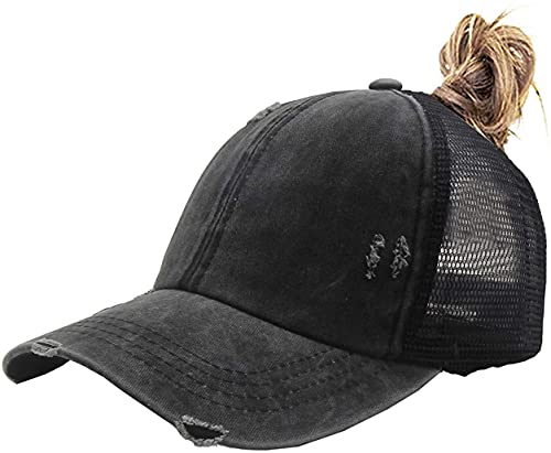 KKMKSHHG Criss Cross Baseball Caps, Women Ponytail Mesh Hat Distressed High Messy Bun Trucker Ponycap Black