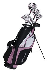 aspire xd1 ladies womens complete right handed golf clubs set includes titanium driver, s.s. fairway, s.s. hybrid, s.s. 6-pw irons, putter, stand bag, 3 h/c's pink (cherry right petite size -1")