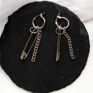 Safety Pin Chain Tassels Dangle Earrings Punk Silver Pin Dangle Earring with Hoop Jewelry for Men and Women (Silver)