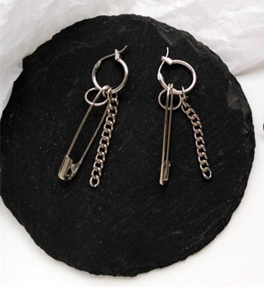 Safety Pin Chain Tassels Dangle Earrings Punk Silver Pin Dangle Earring with Hoop Jewelry for Men and Women (Silver)