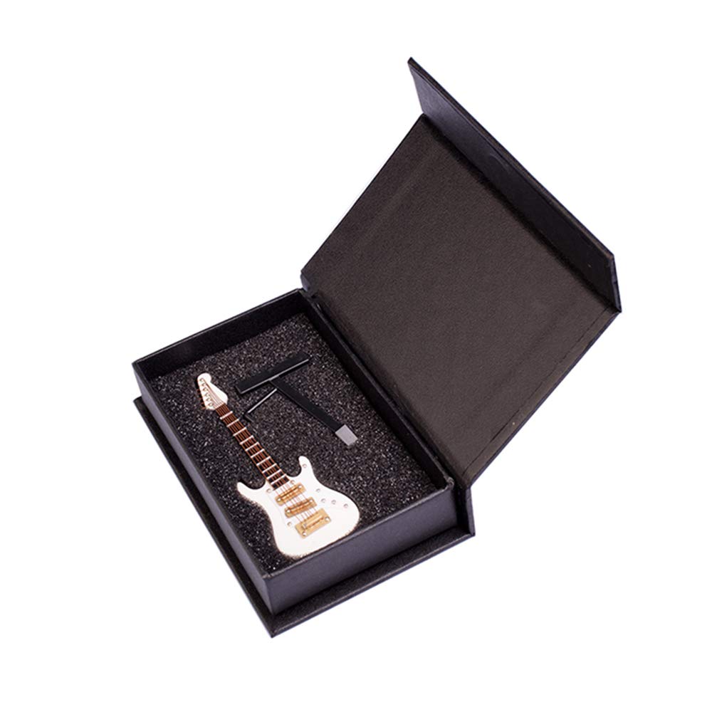 M4MUSIC Electric Guitar Collectible Miniature Dollhouse Music Instrument Miniature Replica Guitar with Stand and Case - 4 Inches (White)