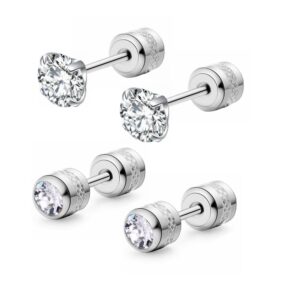 Hypoallergenic double sided diamond Stud Earrings For Womens Girl Secure Safety Screw back Cartilage CZ Stud Earrings (4mm Steel (2 Pairs))