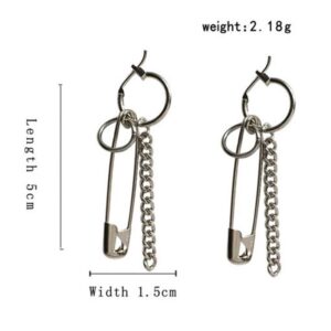 Safety Pin Chain Tassels Dangle Earrings Punk Silver Pin Dangle Earring with Hoop Jewelry for Men and Women (Silver)