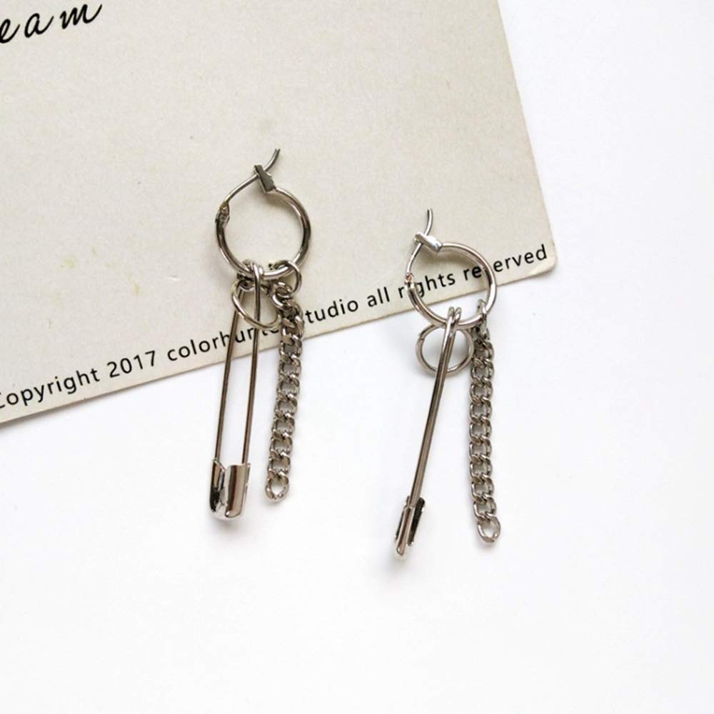 Safety Pin Chain Tassels Dangle Earrings Punk Silver Pin Dangle Earring with Hoop Jewelry for Men and Women (Silver)