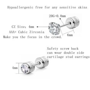 Hypoallergenic double sided diamond Stud Earrings For Womens Girl Secure Safety Screw back Cartilage CZ Stud Earrings (4mm Steel (2 Pairs))