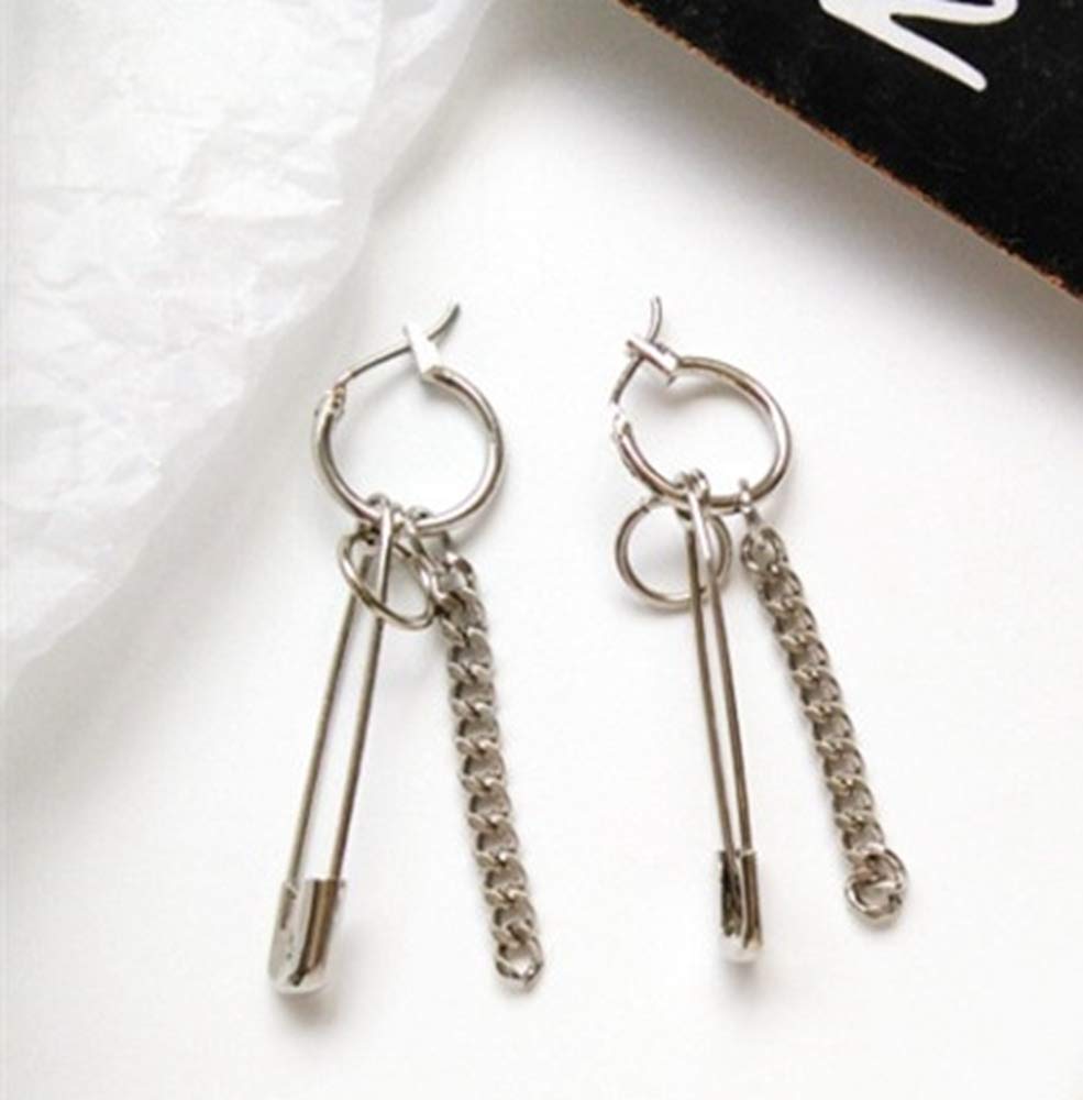 Safety Pin Chain Tassels Dangle Earrings Punk Silver Pin Dangle Earring with Hoop Jewelry for Men and Women (Silver)