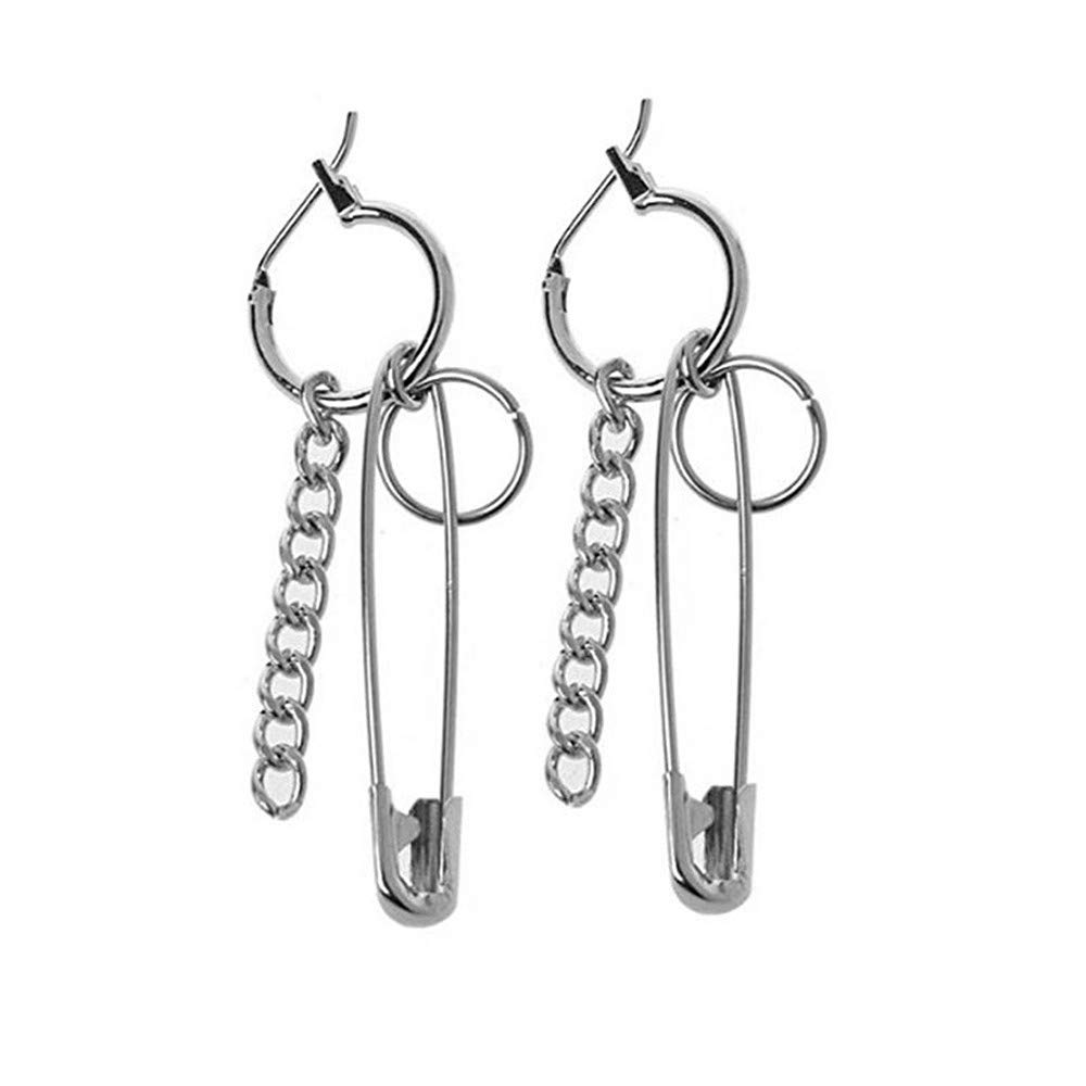 Safety Pin Chain Tassels Dangle Earrings Punk Silver Pin Dangle Earring with Hoop Jewelry for Men and Women (Silver)