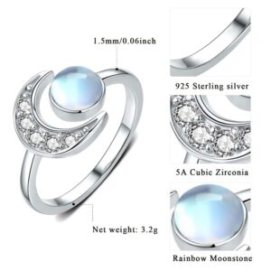 CUOKA MIRACLE Moon Ring, S925 Sterling Silver Crescent Moon Ring Synthetic Moonstone Open Ring Adjustable Ring Gift for Women (Blue)