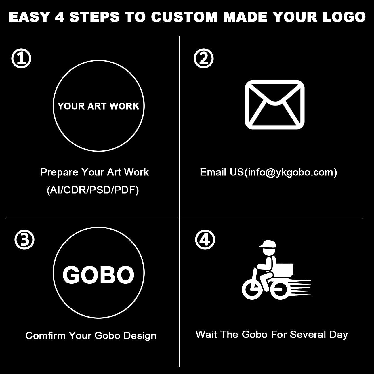 YKGOBO LED Logo GOBO Projector with Manual Zoom DJ Effect Light Including Free Custom Glass GOBO to Project Image for Hotel Company Store Wedding Advertising Indoor Use (Black)