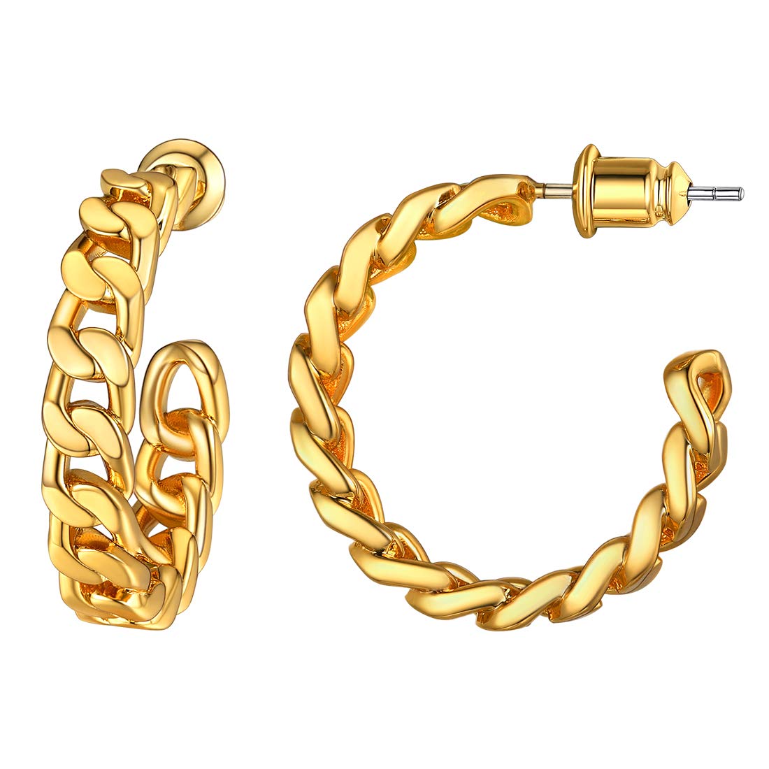 U7 Chunky Hoop Earrings for Women Surgical Stainless Steel Steel Post 14K Gold Plated Cuban Link Chain Earrings Open Cuff Hoop Earrings for Lady