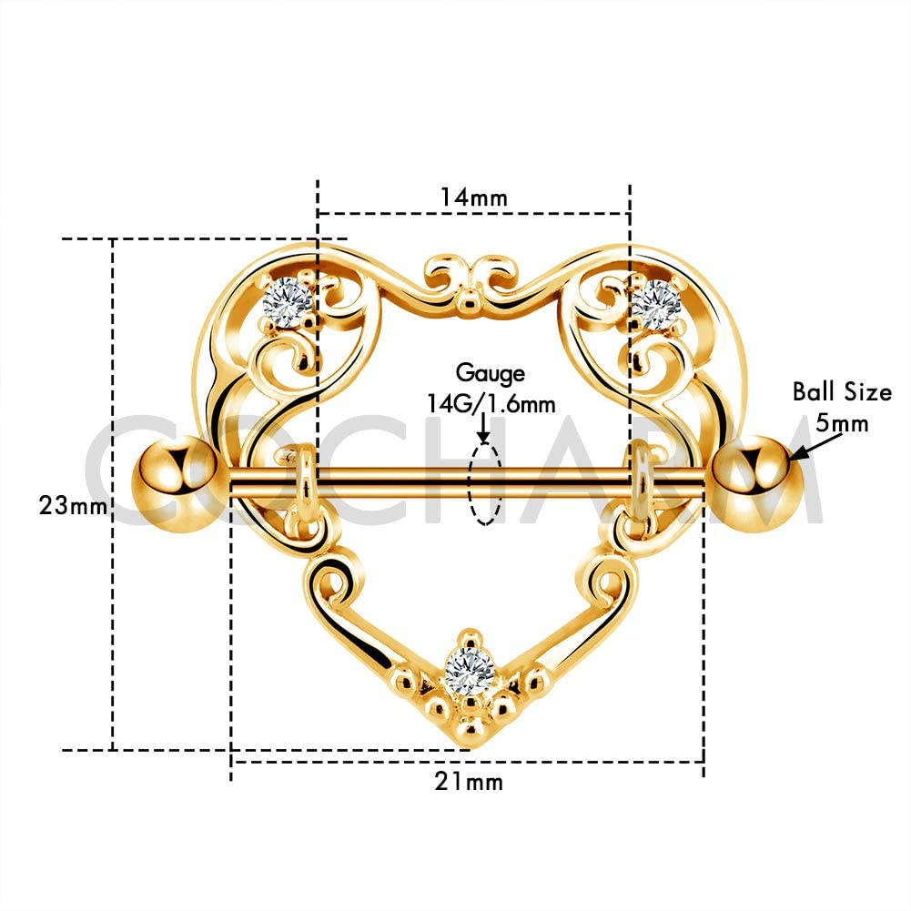 COCHARM 2pcs Heart Nipple Rings Gold for Women 14G Surgical Steel Nipple Piercing Nipple Shield CZ Nipple Barbell