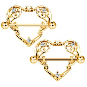 COCHARM 2pcs Heart Nipple Rings Gold for Women 14G Surgical Steel Nipple Piercing Nipple Shield CZ Nipple Barbell