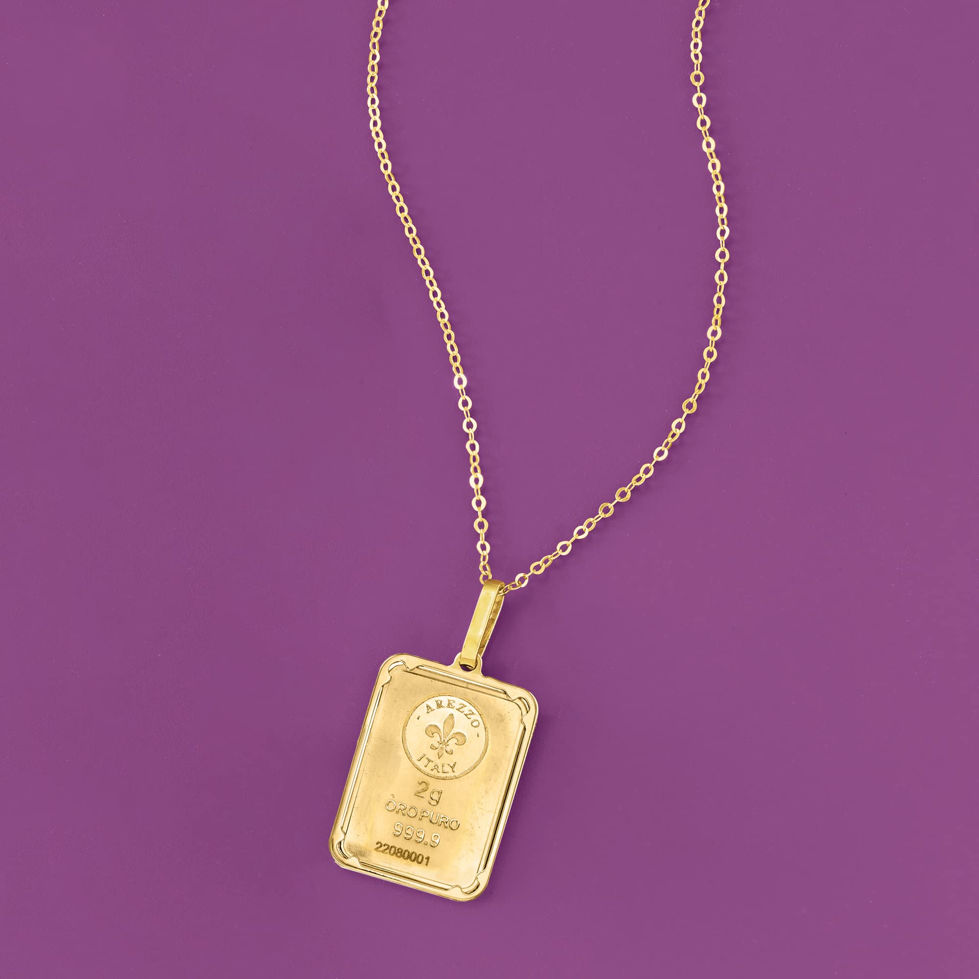 Ross-Simons Italian 24kt Yellow Gold Fleur-De-Lis 2-Gram Ingot Pendant Necklace With 14kt Yellow Gold Frame. 20 inches