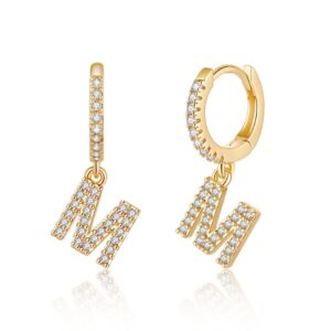 Initial Huggie Hoop Earrings for Women, 925 Sterling Silver Post 14K Gold Plated Cubic Zirconia Letter M Initial Dangle Hoop Earrings Dainty Cute Hypoallergenic Earrings for Women