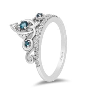 Jewelili Enchanted Disney Fine Jewelry Sterling Silver 2.7MM and 1.7MM Round Cut London Blue Topaz with 1/6 Cttw Natural White Round Diamonds Cinderella Tiara Ring Size 6