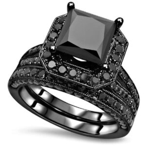 Ritika Created Princess Cut Black Diamond 925 Sterling Silver In 14K Black Gold Over Fashionable Bridal Set Wedding Engagement Ring for Women