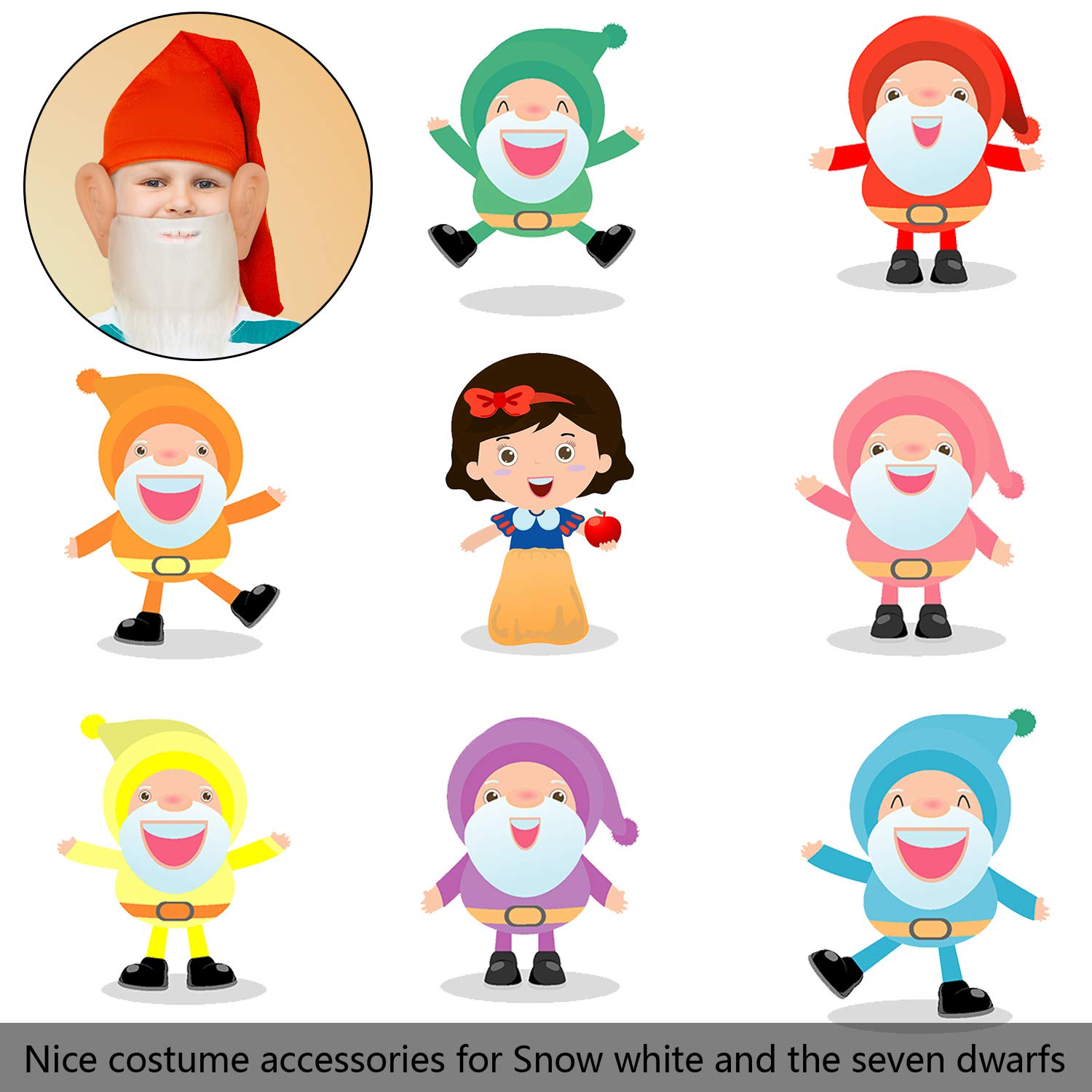 7 Pieces Halloween Dwarf Hats Dwarf Costume Hats Gnome Hats Party Hats for Christmas Fairy Tale Costumes, Red, Green, Orange, Purple, Yellow, Blue, Brown, for Age over 6