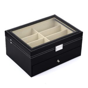 Siveit 16 Slot Sunglass Organizer Leather Eyeglasses Collector Eyewear Display Case Storage Box, Black