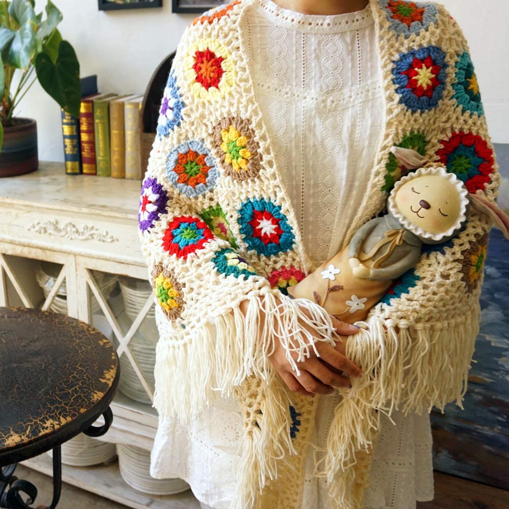 Hblanket Handmade Crochet tassel Shawls Wraps Granny Square Womens Coat Sweater (white) 68x33in