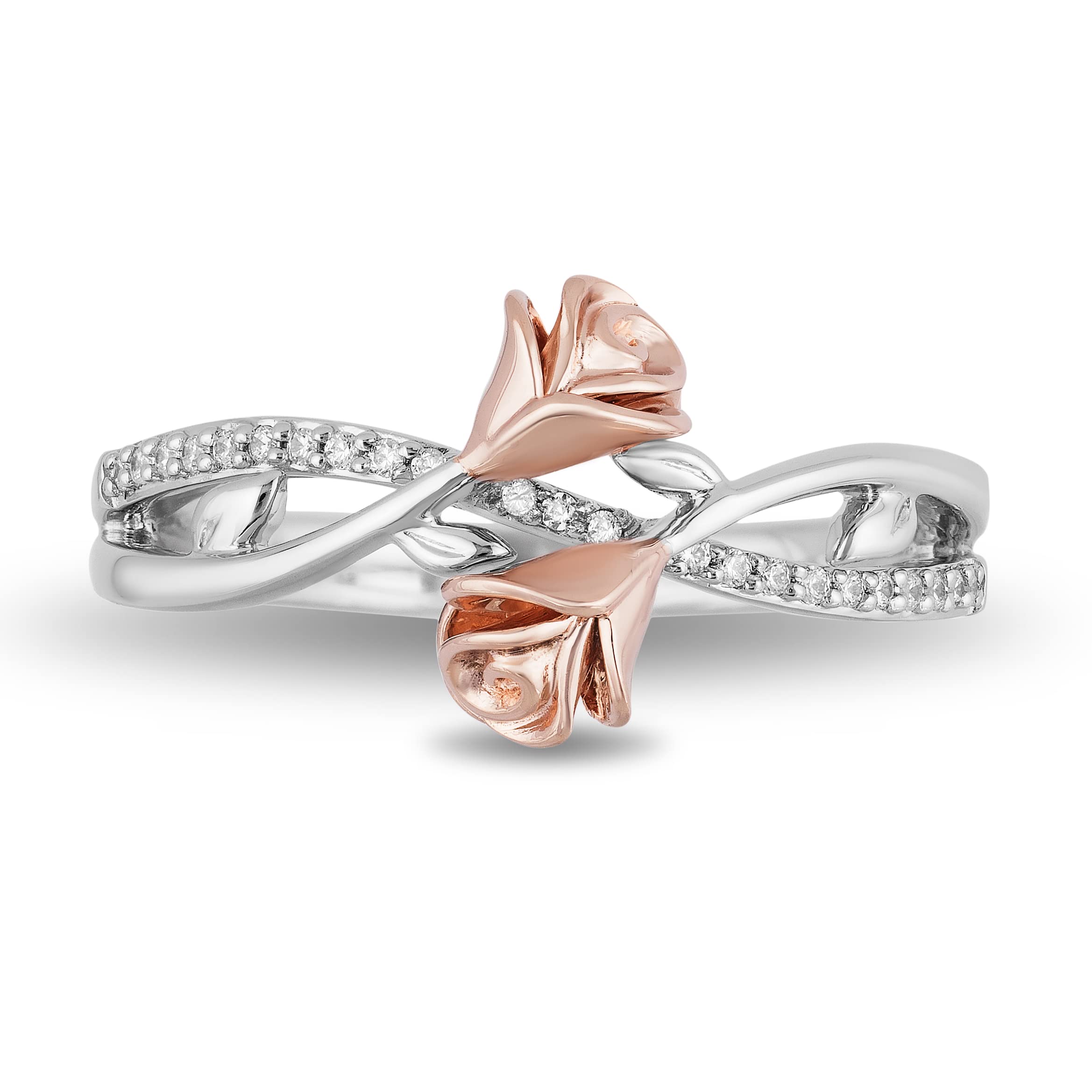 Jewelili Enchanted Disney Fine Jewelry 14K Rose Gold over Sterling Silver 1/10 Cttw Diamond Belle Rose Fashion Ring Size 8