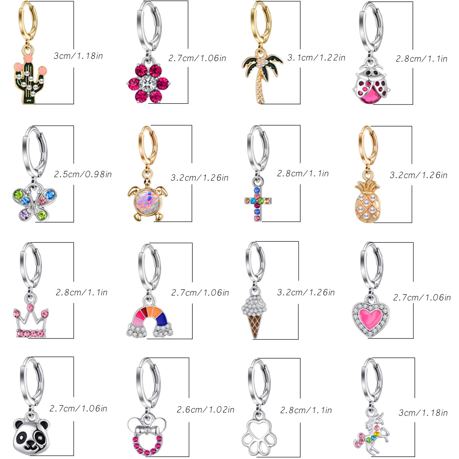 Aganippe 16 Pairs Hypoallergenic Acrylic Dangle Hoop Earrings Cute Multiple Colour Flower Flag Panda Pineapple Beetle Fruits Food Cartoon Dangle Hoop Earrings for Little Girls