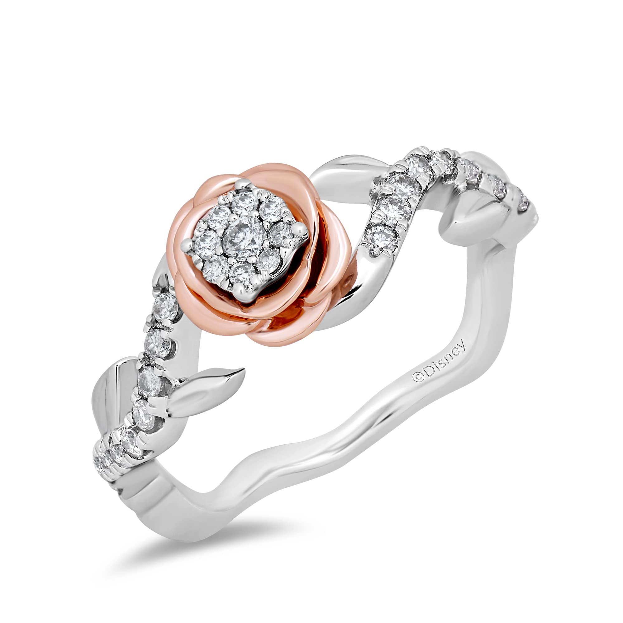 Jewelili Enchanted Disney Fine Jewelry 14K White Gold and Rose Gold 1/4 Cttw Diamond Belle Promise Ring Size 8