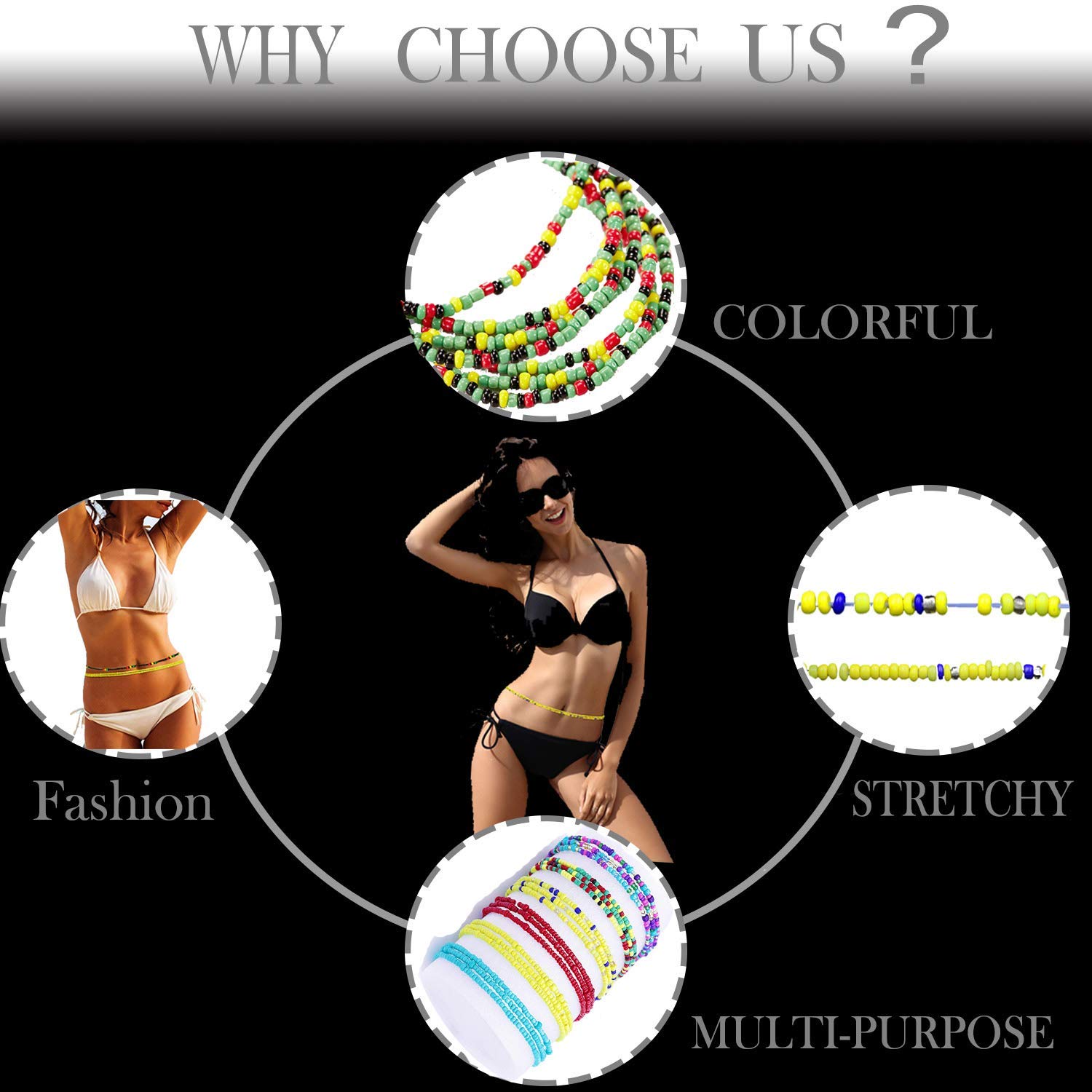 Colorful Waist Beads Body Jewelry Body Chain Fashion Belts Belly Beads, Bead Jewelry, Belly Chains, Waist Chain Jewelry for Women and Girls,7 Pieces