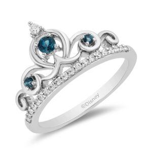 Jewelili Enchanted Disney Fine Jewelry Sterling Silver 2.7MM and 1.7MM Round Cut London Blue Topaz with 1/6 Cttw Natural White Round Diamonds Cinderella Tiara Ring Size 6