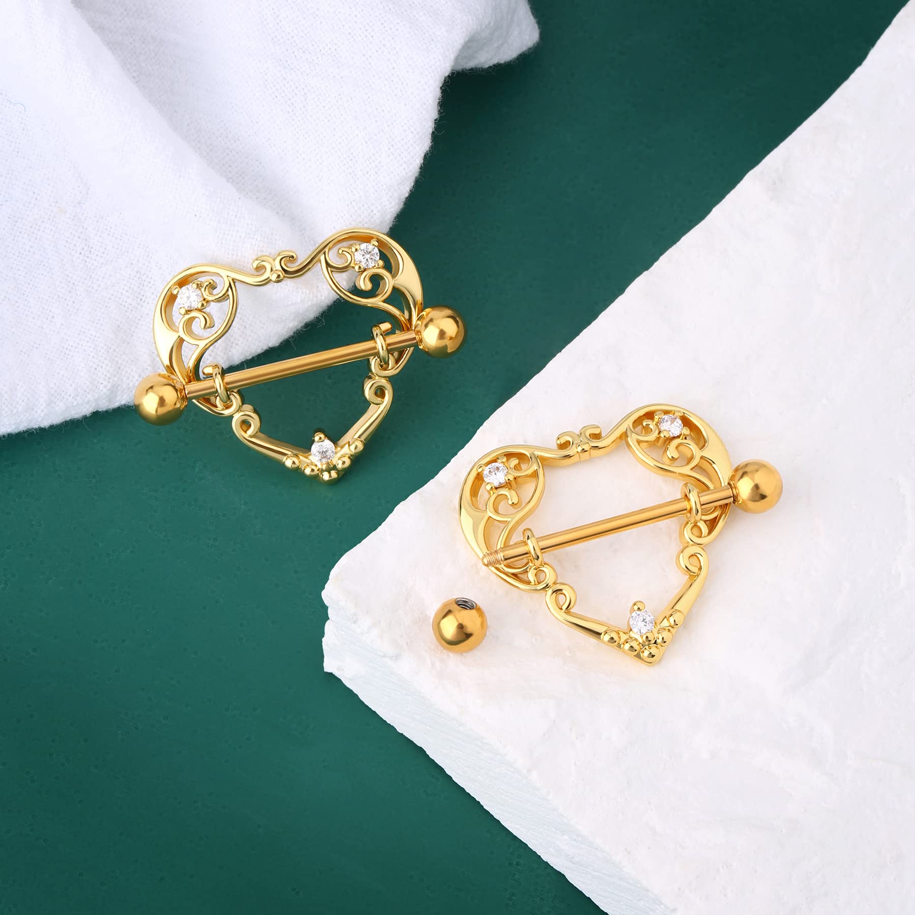 COCHARM 2pcs Heart Nipple Rings Gold for Women 14G Surgical Steel Nipple Piercing Nipple Shield CZ Nipple Barbell